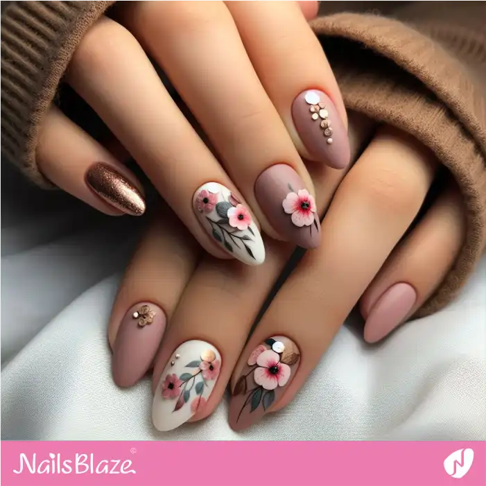 Dusty Rose Nails Floral Design | Valentine Nails - NB2105